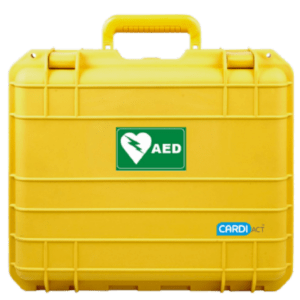 A yellow tough case with a defibrillator sticker