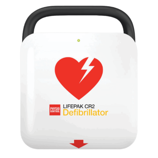 An image of a Lifepak CR2 defibrillator that is unopened and viewed front on.