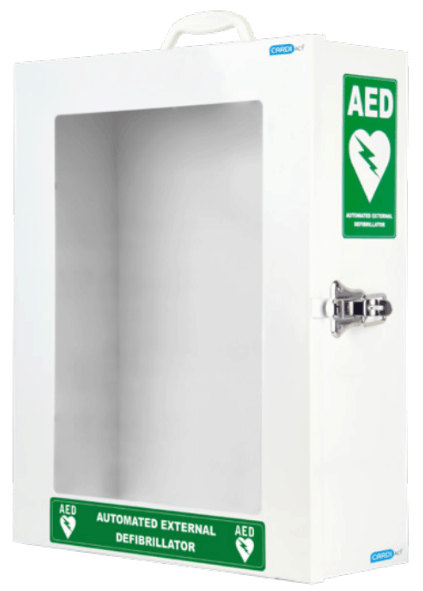 A standard cabinet for AED's with signage