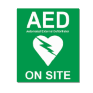 A sticker that alerts people that an AED is on site