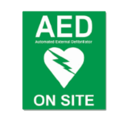 A sticker that alerts people that an AED is on site