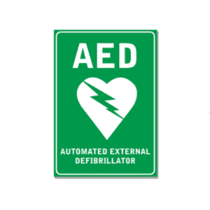 An AED wall sticker that alerts a person where a defibrillator is