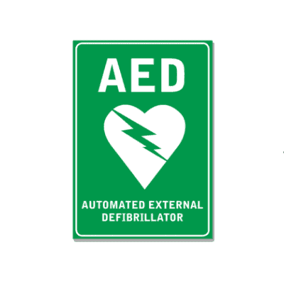 An AED wall sticker that alerts a person where a defibrillator is