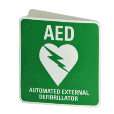 an aed wall sign that stands out in a corridor