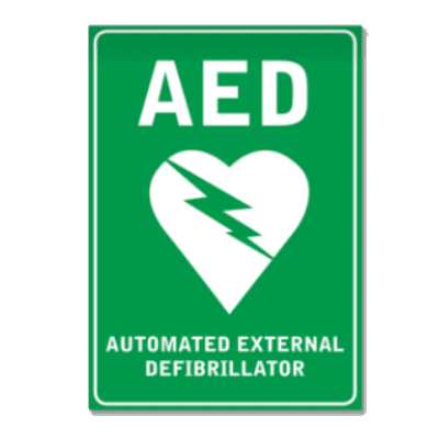 An AED wall sign that makes a defibrillators location visible