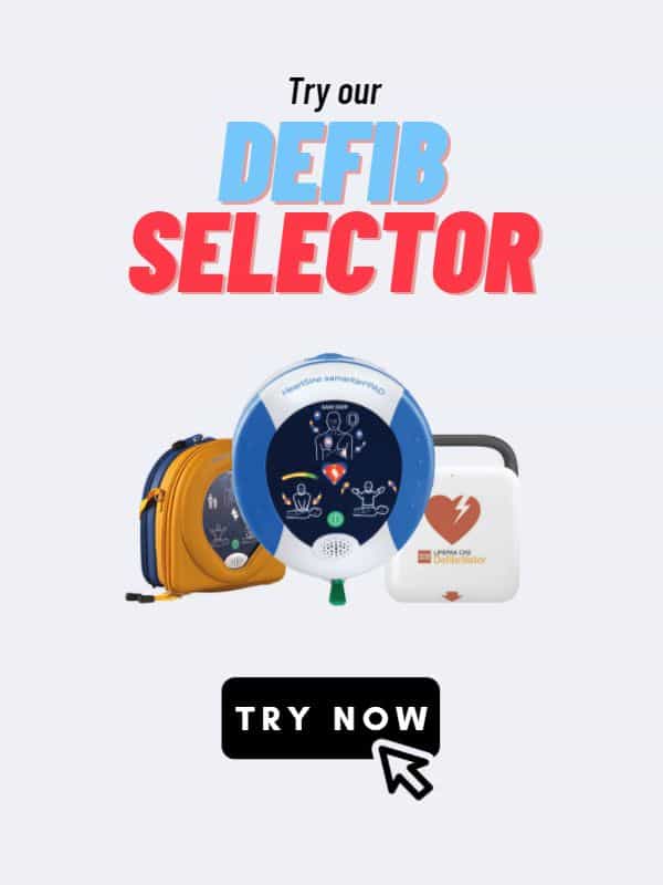 an advertisement with three defibrillators. The advertisement is telling people to try a defibrillator selection tool