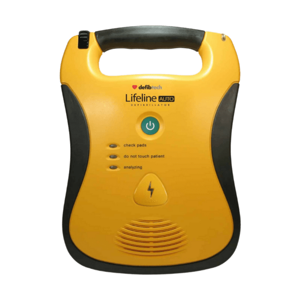 An image of the Defibtech Lifeline Automatic showcasing it's on/off button and indicator lights