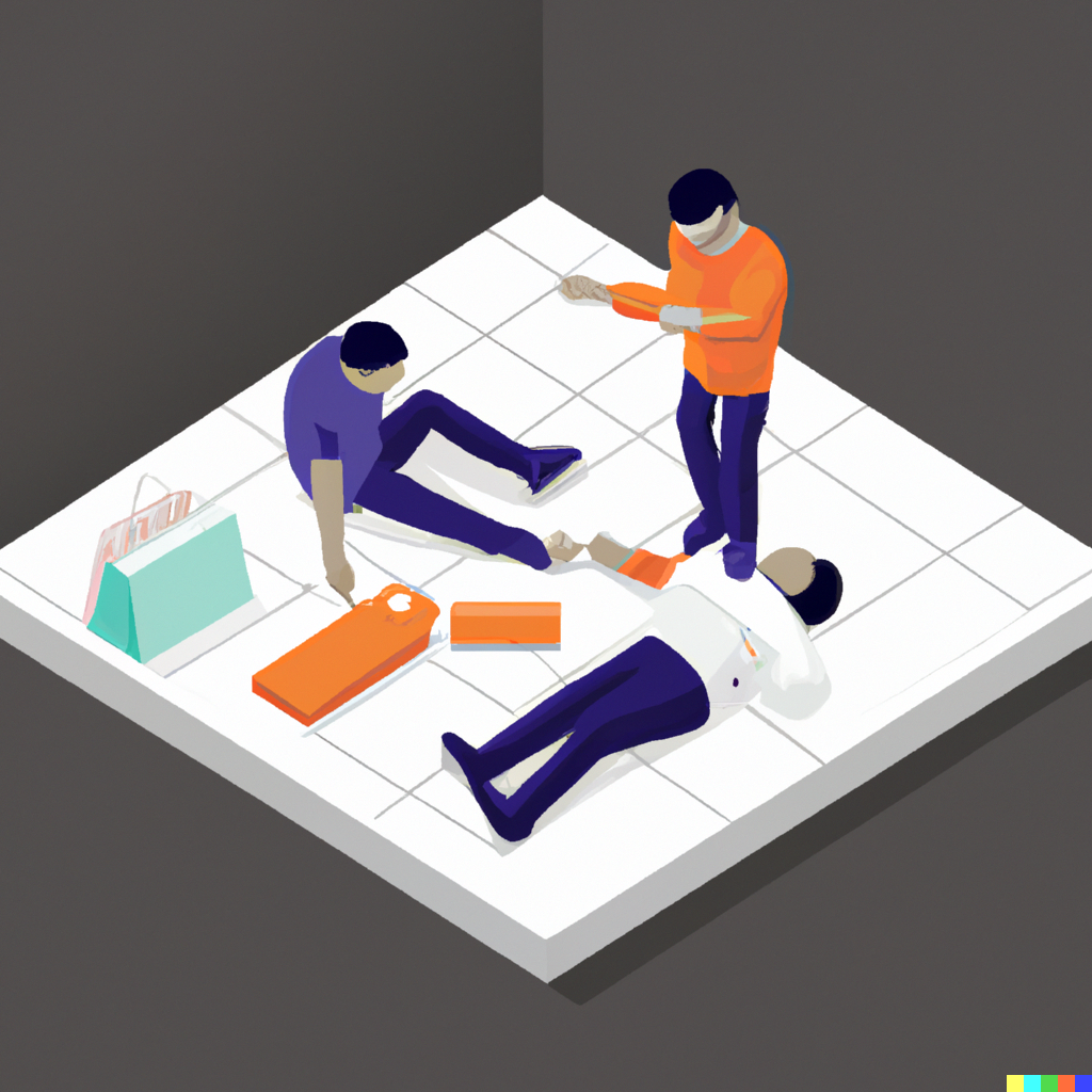 isometric art of a public access defibrillator being used at a shopping mall