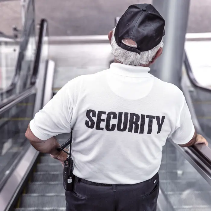 A security officers rides an escalator
