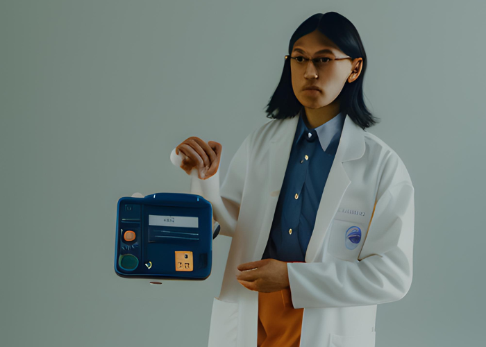a scientist holds up a defibrillator