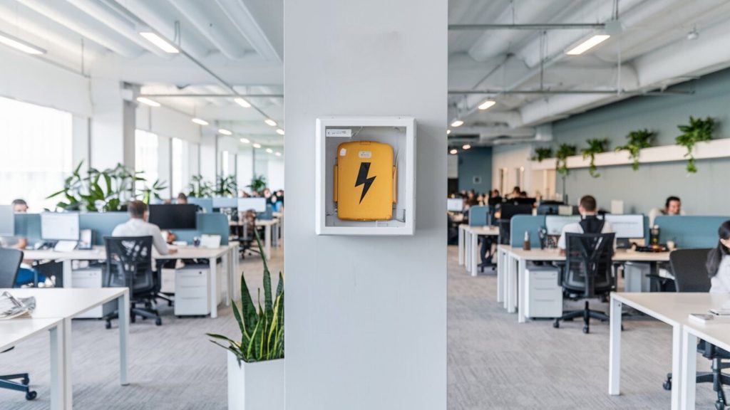 an aed cabinet is prominently displayed in a busy office where many are working