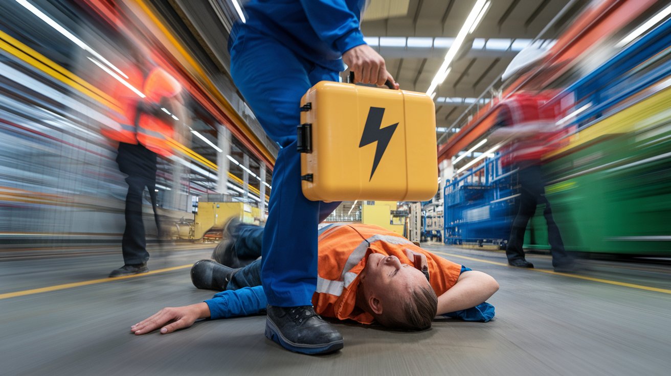 A low shutter speed photo of a worker unconscious in an industrial facility. A person is racing over with a yellow defibrillator case with a black lightning bolt symbol. The background is blurred with moving machinery and workers.