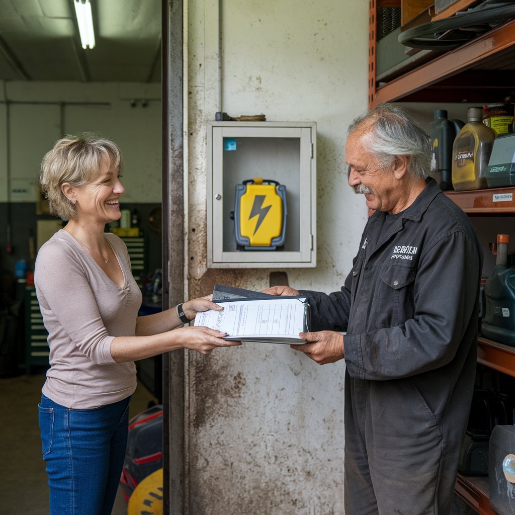 at a mechanics garage a receptionist hands a mechanic an invoice and a defibrillator cabinet is prominently displayed.