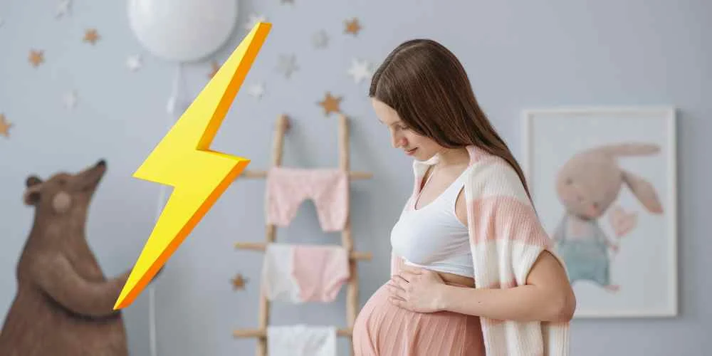 a pregnant mother looks at her belly while a lightning defibrillation symbol is in the foreground