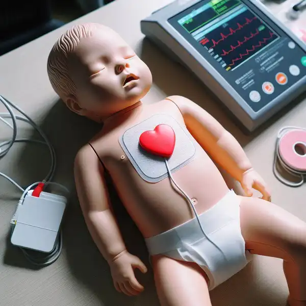 an infant manakin with defibrillator pads attached