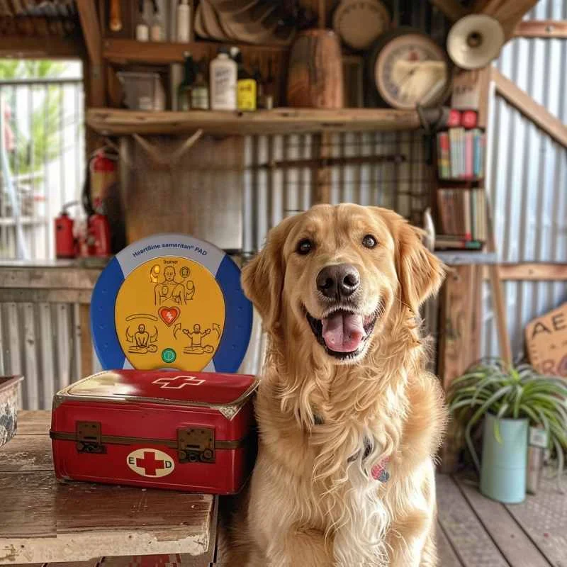 Image of a golden retriever standing with a defibrillator and first aid kit