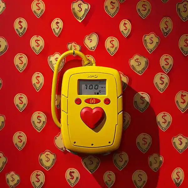 a defibrillator with money stickers behind it