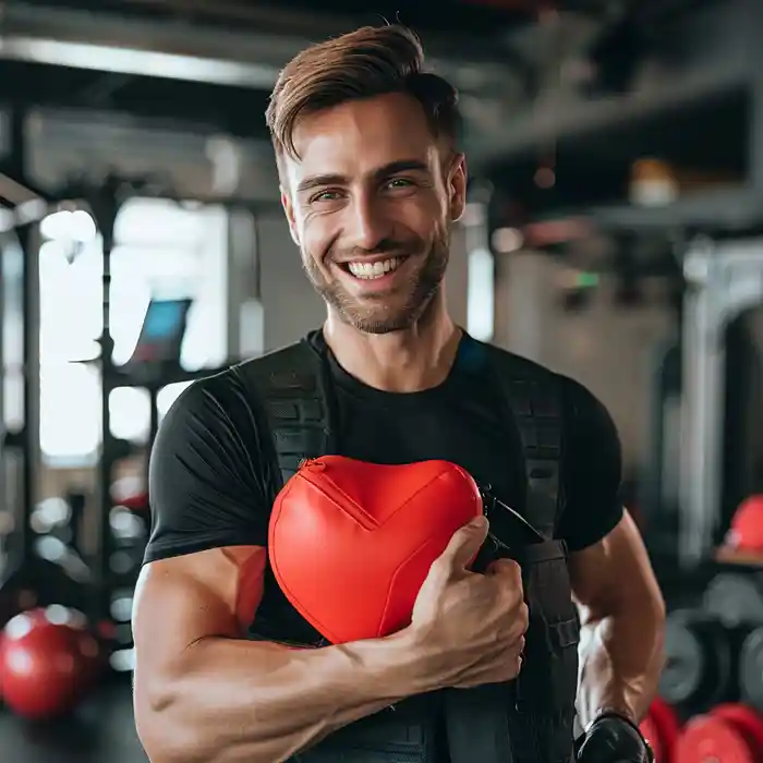 a happy triner at a gym holds a defibrillator