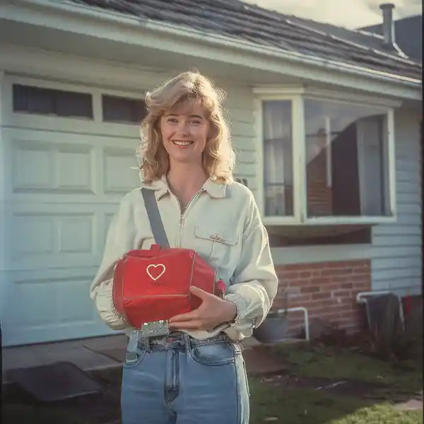 happy woman holds defibrillator