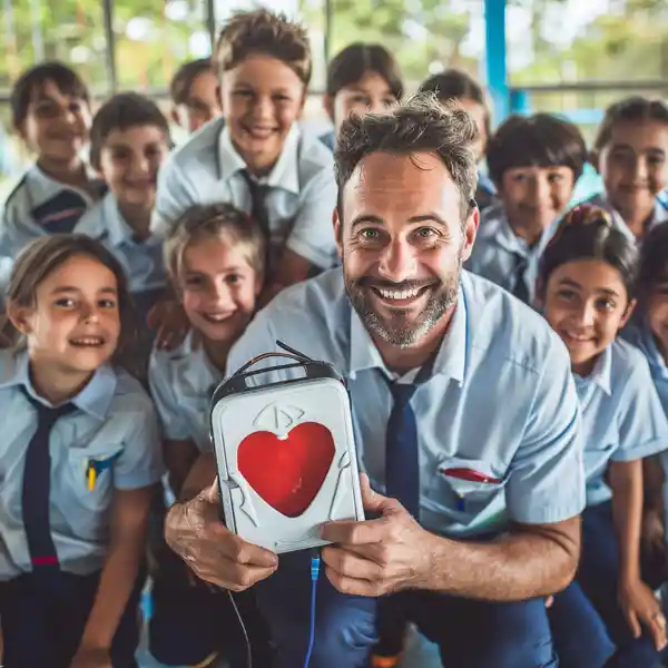 a schoolteacher shows of his defibrillator with happy students