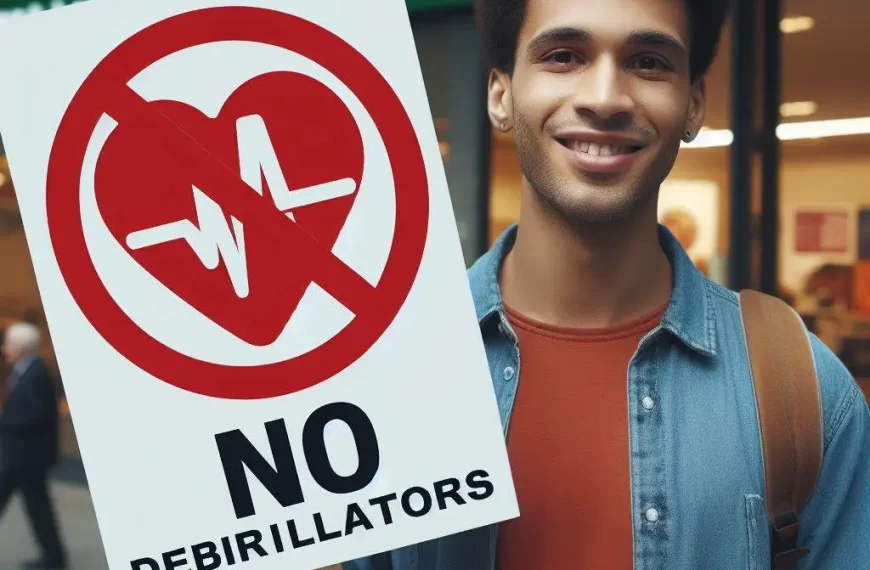 a person with a no defibrillators sign