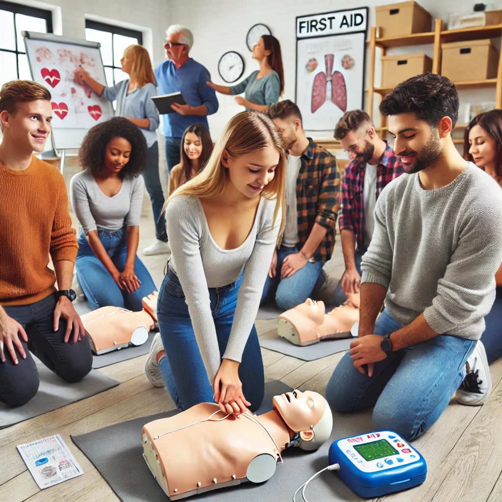 a course where people are practicing first aid and defibrillation