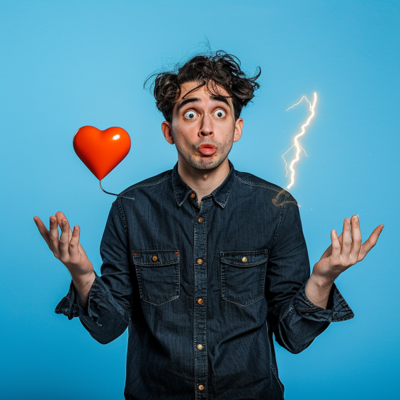 A man with a surprised expression is standing against a blue background. He has disheveled dark hair and is wearing a denim shirt. In his left hand, he appears to be holding a small red heart, while in his right hand, there is a lightning bolt. The image conveys a humorous or exaggerated reaction.