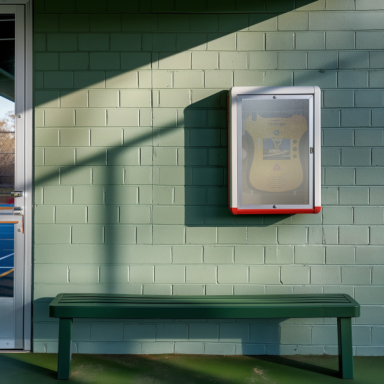 "A yellow Automated External Defibrillator (AED) encased in a protective cabinet is mounted on a green brick wall. Below the AED cabinet is a green bench. The setting appears to be an outdoor area, possibly near a sports facility, with a door to the left."
