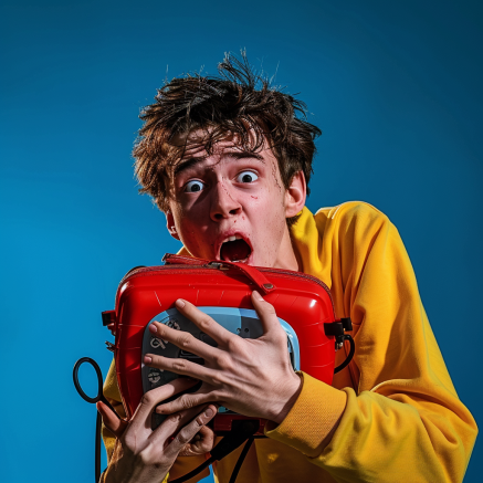 A young man in a yellow hoodie, looking terrified while holding a red defibrillator against a blue background. His eyes are wide open, and his mouth is agape, expressing extreme shock and fear. The bright lighting emphasizes the vibrant colors of his hoodie and the defibrillator, highlighting the dramatic reaction on his face.