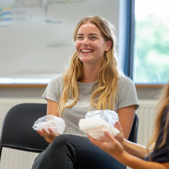 woman sits in a first aid course listening to importance of defibrillation and first aid