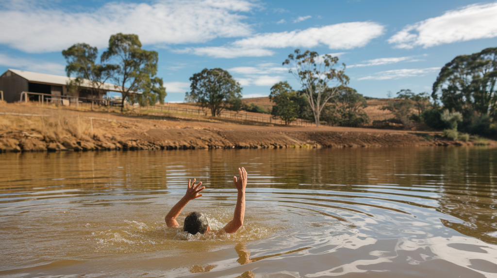 a kid is drowning in a farm dam