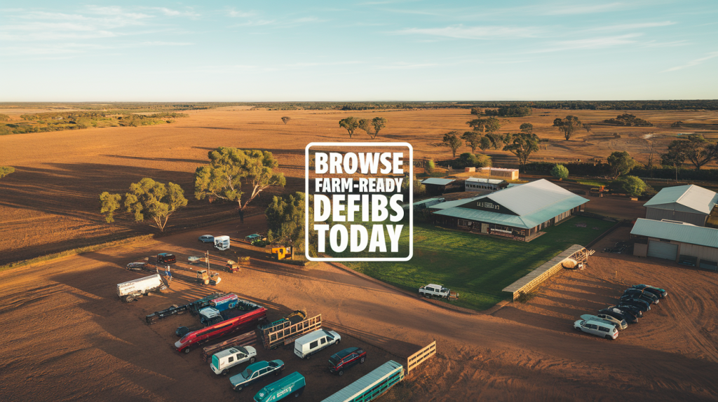 an aerieal photo of a farm, with texst Browse Farm Ready Defibs today