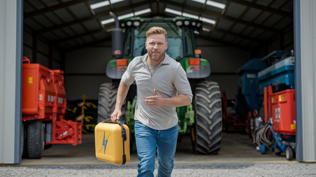 a confident farmer runs out to an emergency with a defib