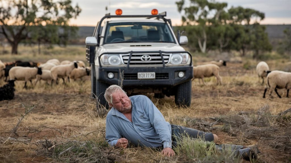 a photo of a sheep farmer having heart issues