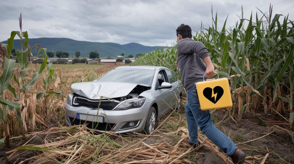 a crashed camry on a farm road