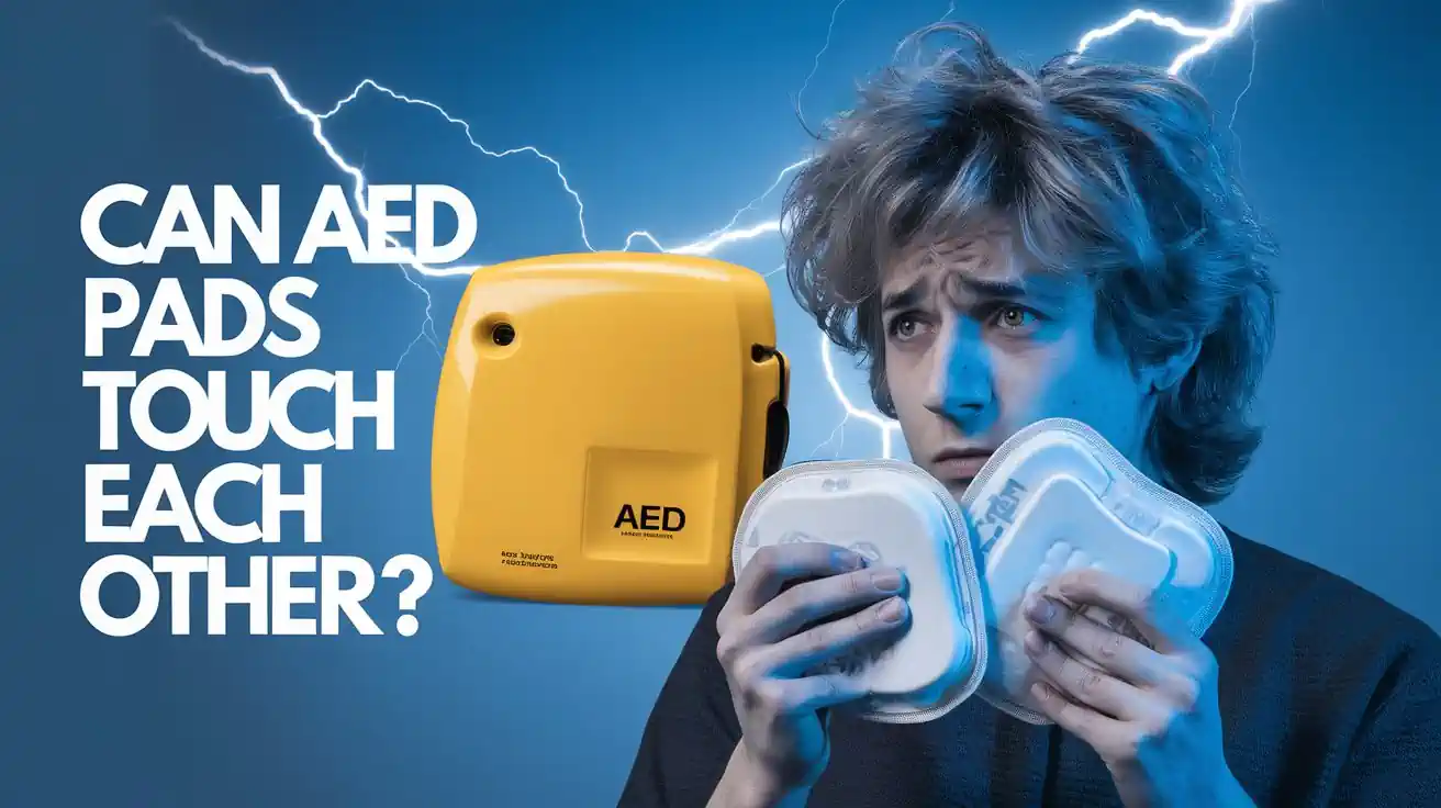 A person touches two aed pads together, lightning is in the background